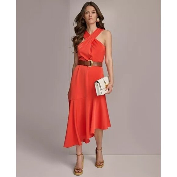 169$ Donna Karan Halter Neck Belted Asymmetric Party Midi Dress Size 16 Hot Red - Picture 1 of 2